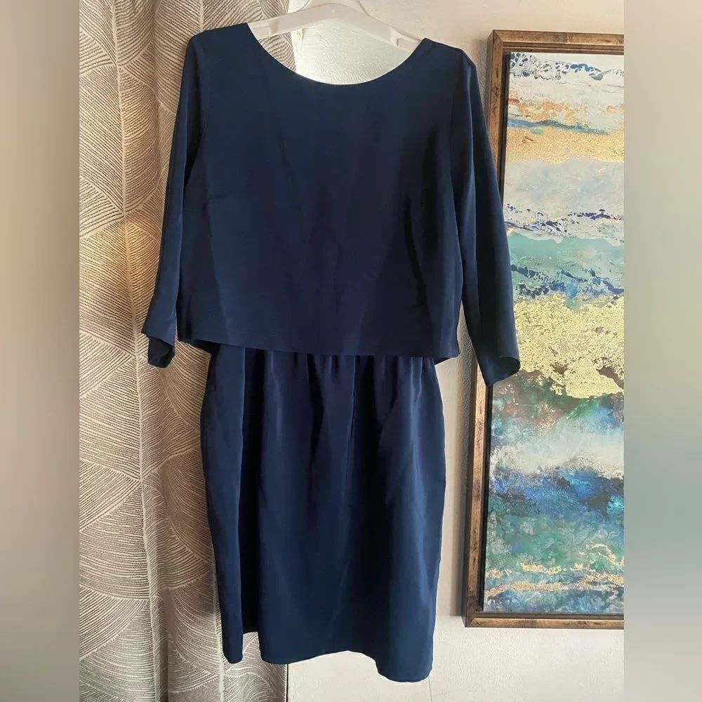 Amanda Uprichard Mini Dress Women Sz Medium 100% Silk Navy 3/4 Sleeve